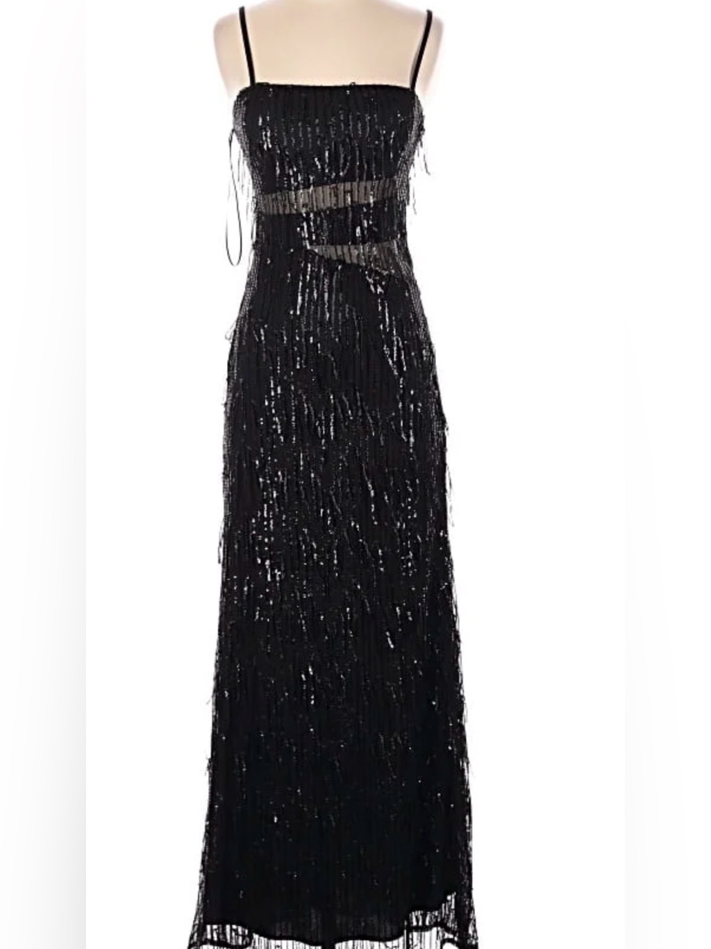 Morgan & Co Black Sequin Fringe Illusion Gown Sleeveless Formal Dress Sz 1 Tall